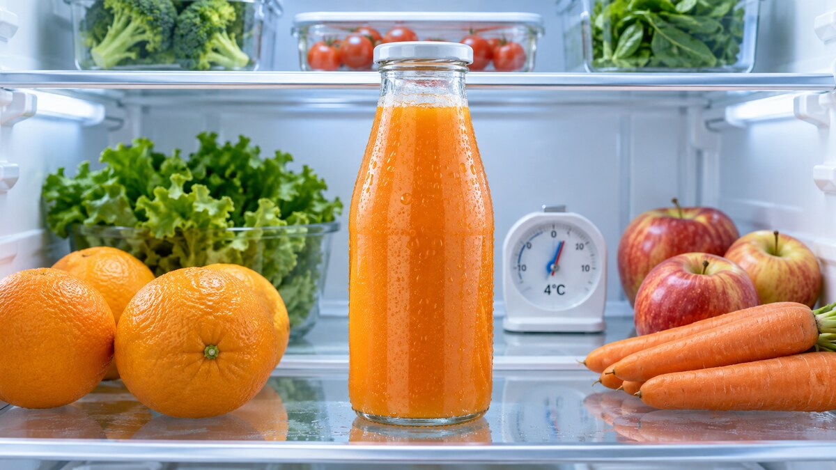 Botol jus buah segar disimpan di dalam kulkas bersuhu 4 derajat Celsius