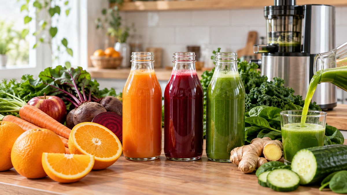 Botol cold pressed juice berwarna-warni bersama buah dan sayuran segar di area produksi yang bersih