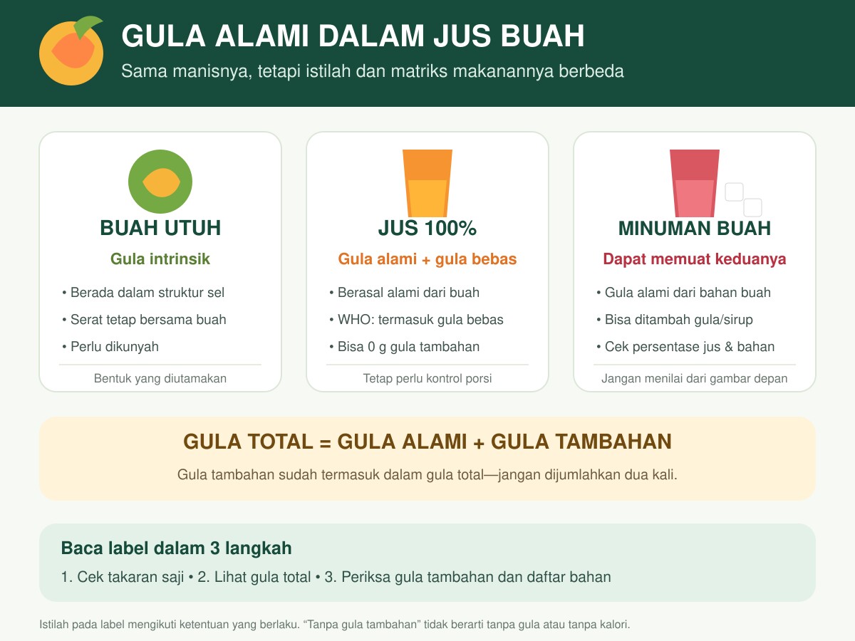Gula alami dalam jus buah dibandingkan gula intrinsik buah utuh dan gula tambahan pada minuman buah