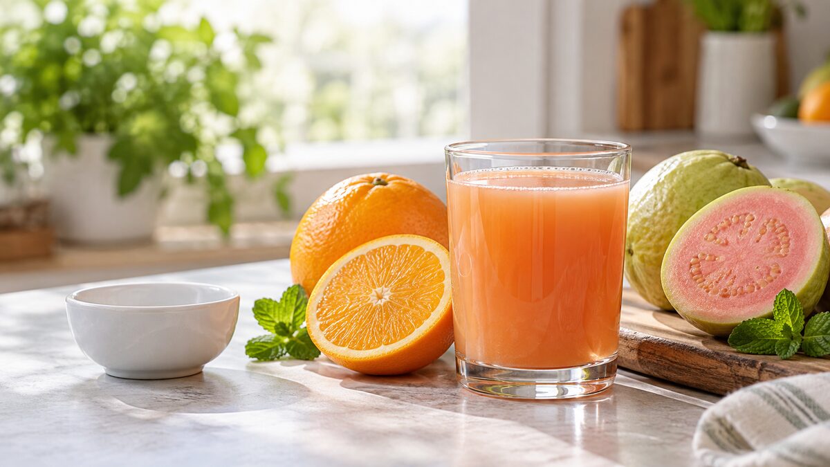 Jus buah tanpa gula dari jeruk dan jambu tanpa pemanis tambahan