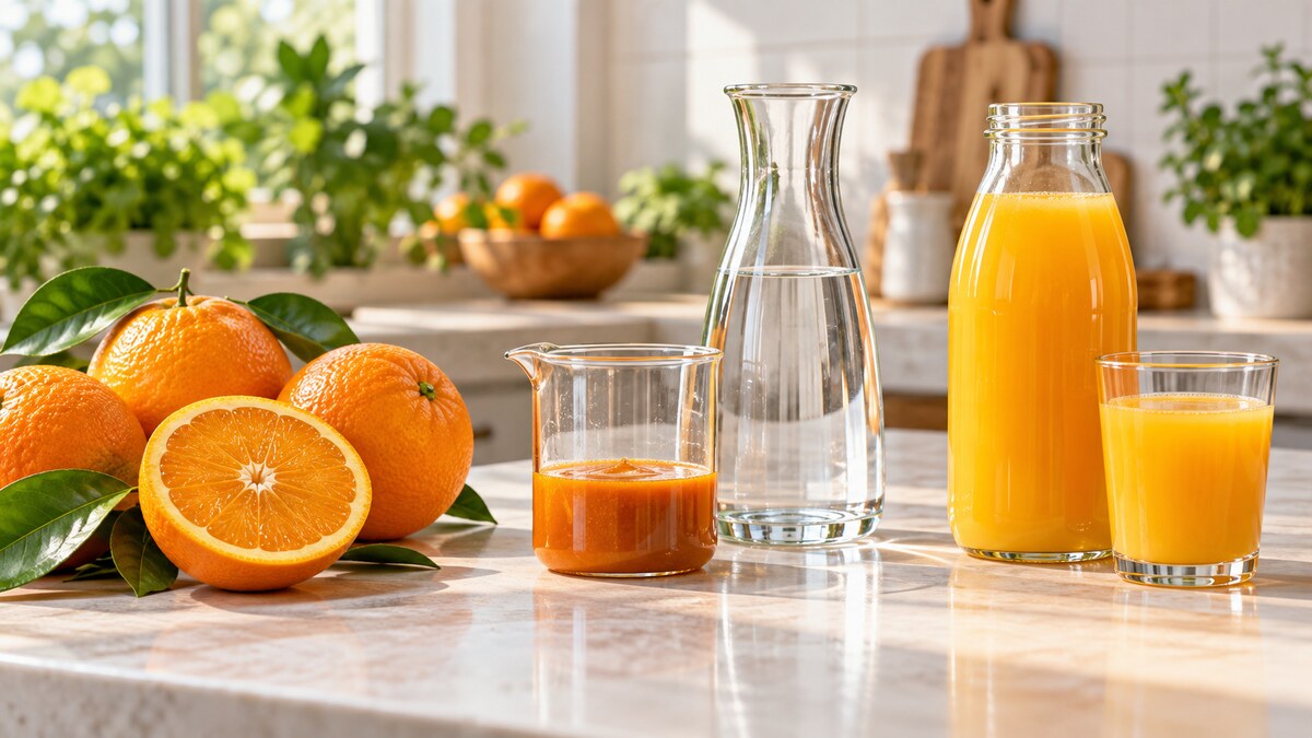 Jus dari konsentrat dengan buah dan kemasan jus