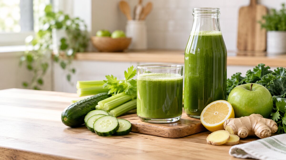 Jus detox hijau dari mentimun, seledri, apel, lemon, dan jahe