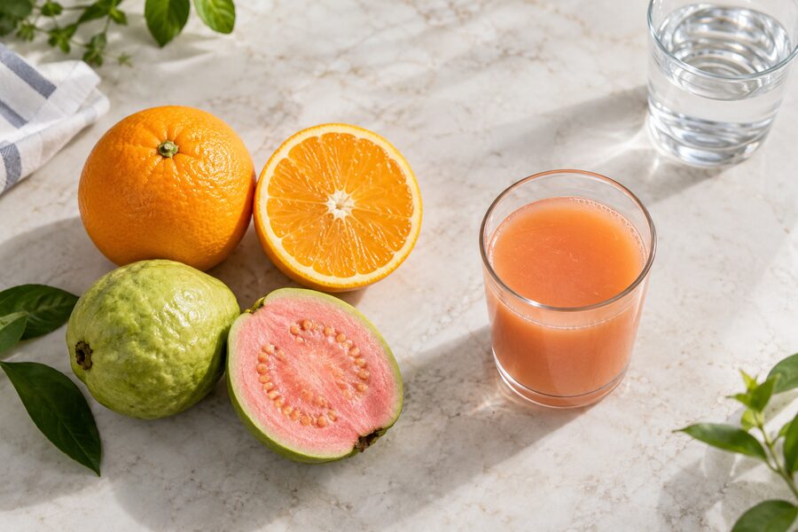 Jus buah tanpa gula dibandingkan dengan jeruk dan jambu utuh